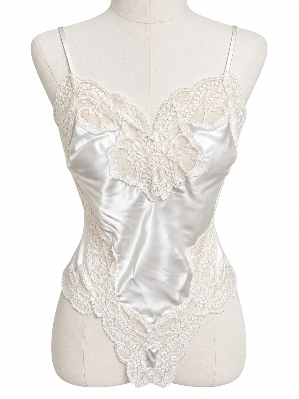 Oscar de la Renta vintage 90s ivory white satin lace teddy bodysuit lingerie